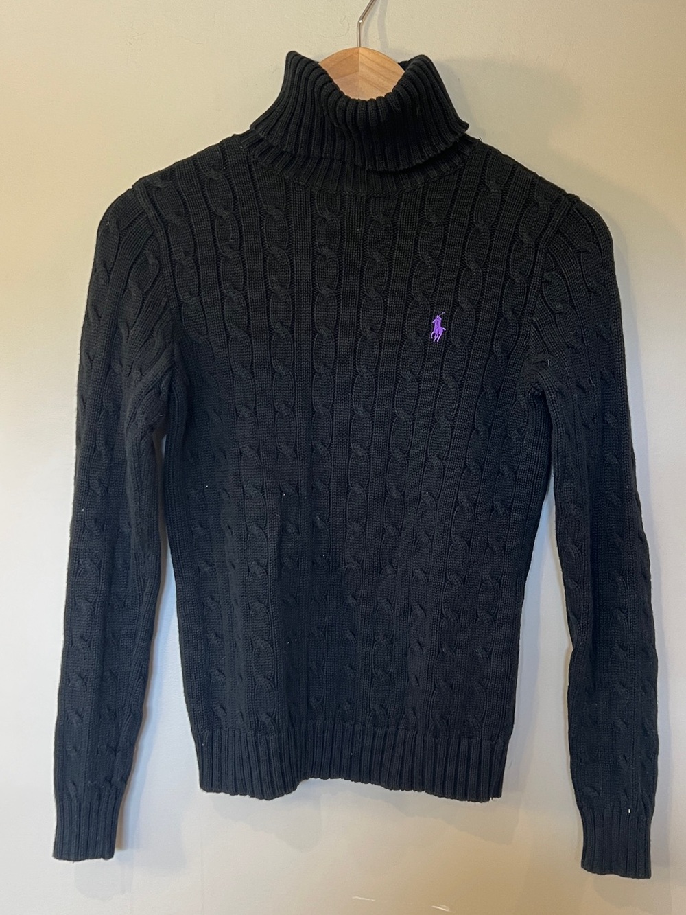 Ralph Lauren Sport Women’s Cable Knit Turtleneck Sweater Black Purple Logo Small - Picture 3 of 5